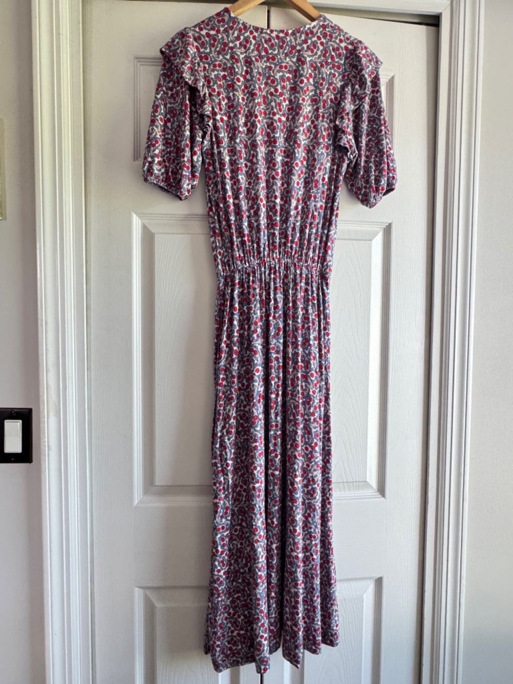 Boden Jersey Knit Midi Dress Ruffle Shoulder Paisley Floral All Over Print Sz 4 - Picture 3 of 16